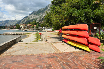 Kayaks for rent on the beach in Kotor on the Bay of Kotor. Montenegro