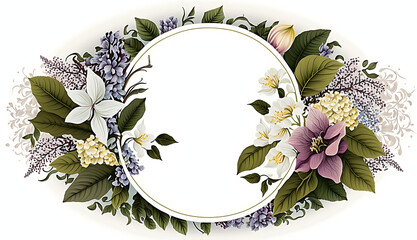 Floral border, Round floral frame, Floral wreath, made entirely out of flowers and leaves using generative art