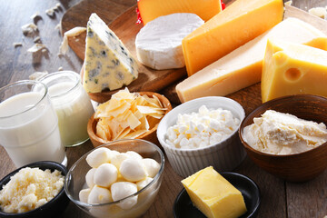 A variety of dairy products including cheese, milk and yogurt