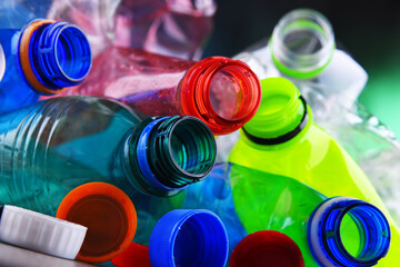 Empty colored carbonated drink bottles. Plastic waste