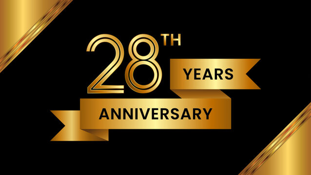 28th Anniversary. Anniversary template design with number and golden ribbon. Logo Vector Template
