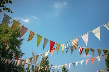 Summer festival. Summer festive bright colorful vintage bunting decoration and blue sky. Generative AI