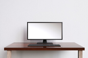 Minimal modern workspace With desktop computer screen, blank screen with copy space and white wall background, workplace concept. 3D rendering