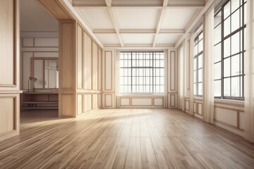 Fototapeta na wymiar Illustration of an Empty Room with Wooden Floors and Windows. Generative AI