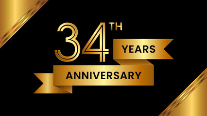 34th Anniversary. Anniversary template design with number and golden ribbon. Logo Vector Template