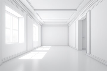 Illustration of an empty white room with natural light coming from windows and a door. Generative AI