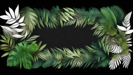 Tropical greenery, a jungle backdrop, a plant bush floral arrangement, and a black background. Generative AI.