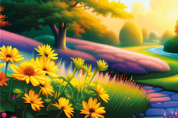 Sunset in the forest with colorful flowers, generative ai