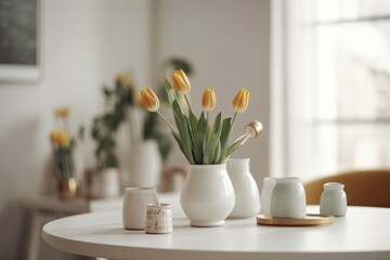 white table with bright yellow flower-filled vases. Generative AI