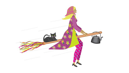 Easter witch, in Swedish called Påskkärring (Sweden),  flying on traditional broom with coffee kettle and black cat. Isolated Vector illustration.