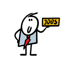 Cartoon HR manager holds a sign, offers jobs and vacancies.