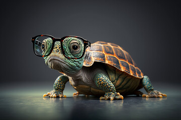 Cute little green turtle with glasses in front of studio background. Generative AI