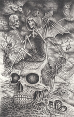 Art fantasy surreal devil skulls. Hand drawing on paper.