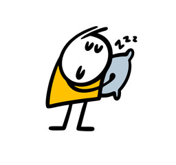 Funny cartoon stickman put his head on the pillow, sleeps and has wonderful dreams.