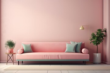 modern living room with a pink sofa and a decorative plant. Generative AI