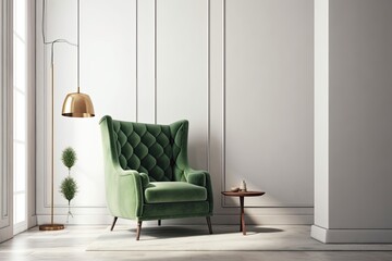 modern green chair and lamp in a minimalist room. Generative AI