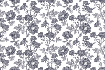 Roses. Black and white background. Seamless floral pattern.