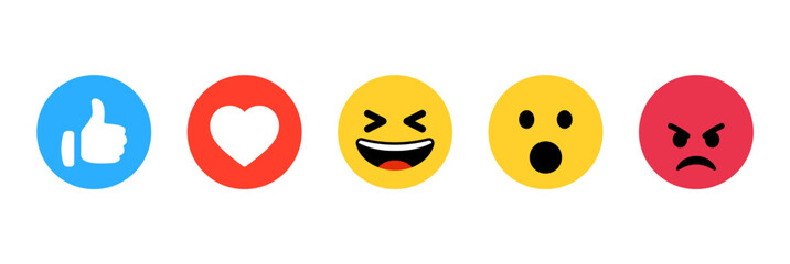 emoji reactions. social network smiley emoji face ; thumb up icon, like, love, heart, funny, wow, surprise, angry, emojis icon - social media emoticon reactions collection set. vector editorial