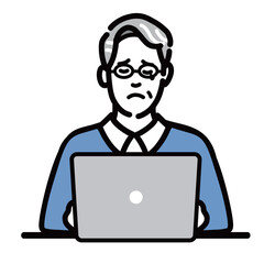 ラップトップの前に座って悲しそうに涙を流しているメガネをかけたシニア男性
