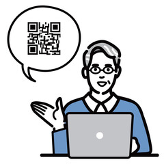 ラップトップの前に座ってQRコードの説明をしているメガネをかけたシニア男性
