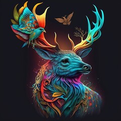 Obraz premium Reindeer, buck, spiritual, magical, beautiful, animal, colourful, created using generative ai