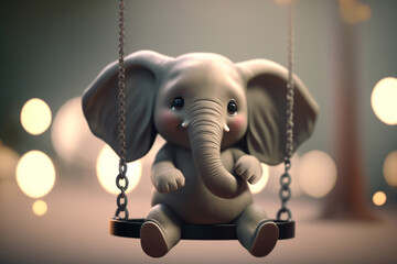 Swinging Elephant: A Cute Little Elephant on a Wooden Swing