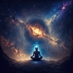 Naklejka na ściany i meble illustration of a person doing yoga, spirituality with the universe. Generative AI