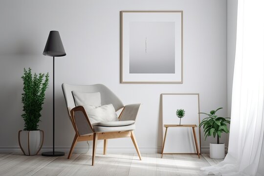 cozy living room with minimalist decor, featuring a comfortable chair and a framed artwork on the wall. Generative AI