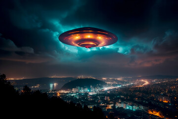 Obraz na płótnie Canvas Colorful flying saucer over city at night by generative AI