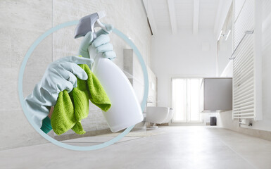 Cleaning service and products. Hands with gloves, rag and spray bottle isolated on clean bathroom...