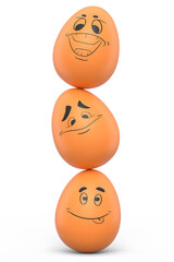 Balance of stack farm egg with expressions and funny face on white background