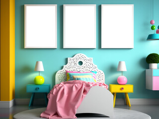Kids Bedroom Frame Mockup, Template Frame of Childrens Bedroom With Blank Frames