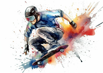 Fototapeta na wymiar Watercolor abstract representation of skateboarding. Skateboarding players in action during colorful paint splash, isolated on white background. AI generated illustration.