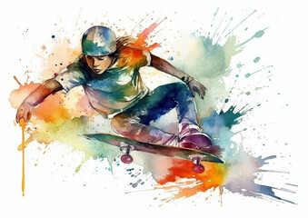 Watercolor abstract representation of skateboarding. Skateboarding players in action during colorful paint splash, isolated on white background. AI generated illustration.