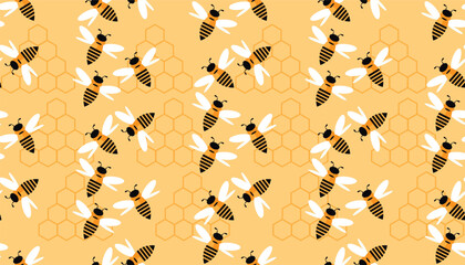 Summer flat cartoon seamless pattern with honeycomb, honey hive  and bees. Creative  kids texture for fabric, wrapping, textile, wallpaper, apparel. Vector illustration.