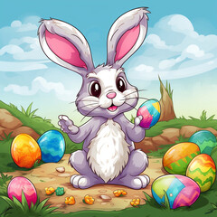 Easter bunny on the meadow with painted easter eggs