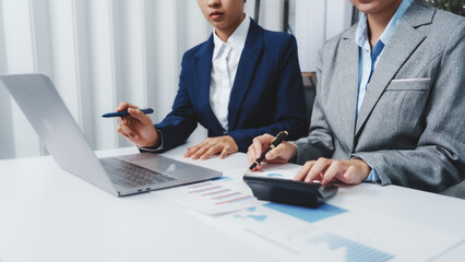 Young Asia female leader business woman coaching new smes bookkeeping audit accounting interview with trainer training business job.