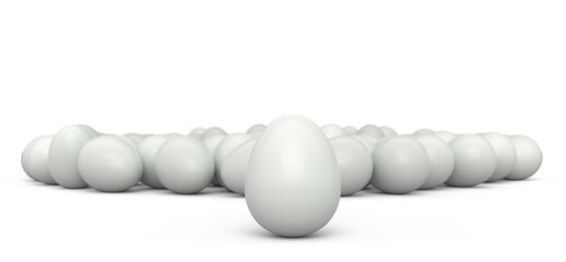 Group of farm raw organic white chicken eggs in a crowd on white background