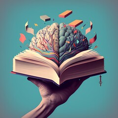 Human brain on a book and color background. Minimal abstract concept of school, culture, intelligence, reading or education. Charger for brain idea. Art collage