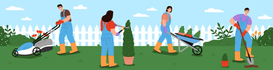 Young people working together in garden. Women and men mowing the lawn, digging, pruning bushes, and hauling wheelbarrow. Banner of the importance of teamwork and equal contribution in garden care. - obrazy, fototapety, plakaty