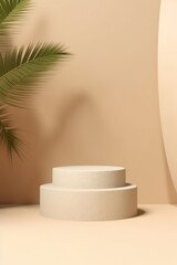 Stone podium with palm leaf for product display. Generative ai
