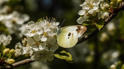 A bright butterfly on the white flowers of a blossoming pear tree. Young green foliage. Sunny, spring day in the garden Generative AI