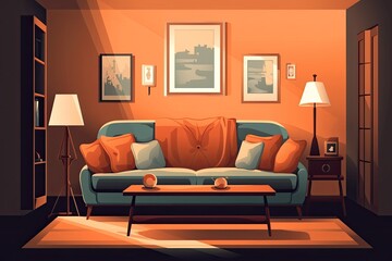 cozy living room with vibrant orange walls and a stylish blue couch. Generative AI