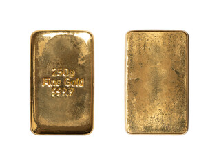 Gold bar, front and back side, isolated from above. Cast gold ingot, bullion of 250 gram, about 8...