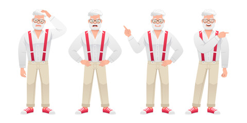 An elderly bearded man is standing thinking about something, dissatisfied, pointing at something. An old white man with gray hair and glasses is standing in different poses. Grandfather
