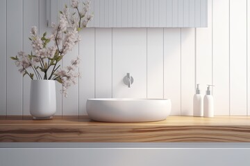 Naklejka na ściany i meble modern bathroom with a minimalist sink and a vase of fresh flowers. Generative AI