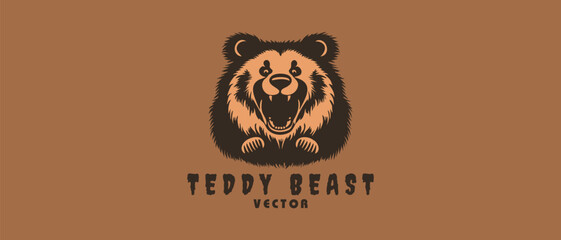 Vector logo, cartoon brown scary shaggy bear head with open toothy mouth. Sticker, icon or emblem. Isolated background. - obrazy, fototapety, plakaty