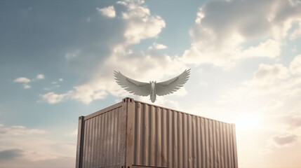Cargo container with wings flying in the sky. Delivery concept Generative AI