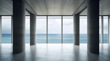 Expansive Modern Concrete Room with Ocean View, Minimalist Style, Architectural Interior - Generative AI