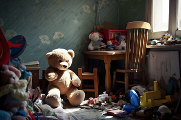 Fototapeta na wymiar Abandoned teddy bear sit alone in a room for child abuse or loneliness concept. Generative AI